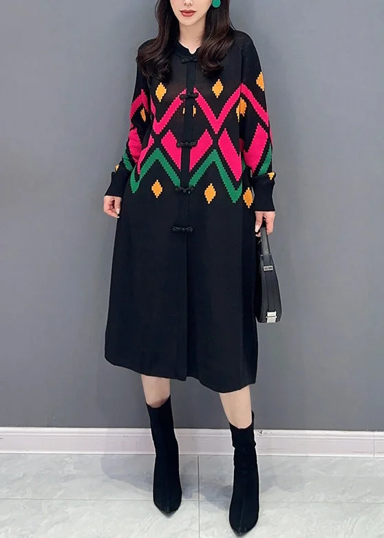Loose Black O-Neck Button Patchwork Knit Dress Fall