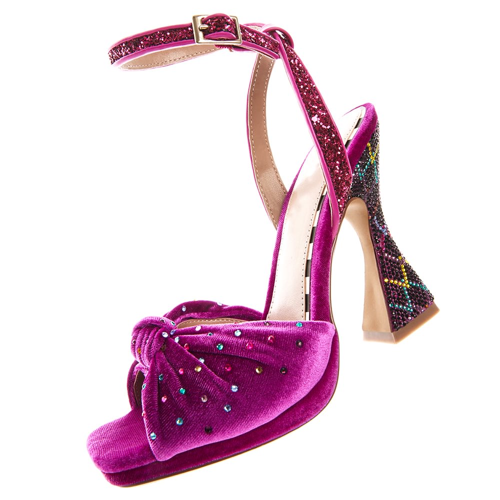Purple Square Toe Suede Sandals Rhinestone Decors Ankle Strap Flared Heels Nicepairs