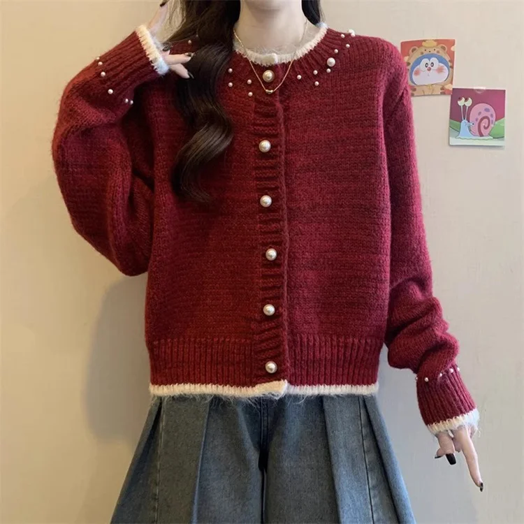 Athvotar Athvotar With A Soft Glutinous Nail Beads Color Short Cardigan Knitted Sweater Women's Spring And Autumn New Loose Chic Top