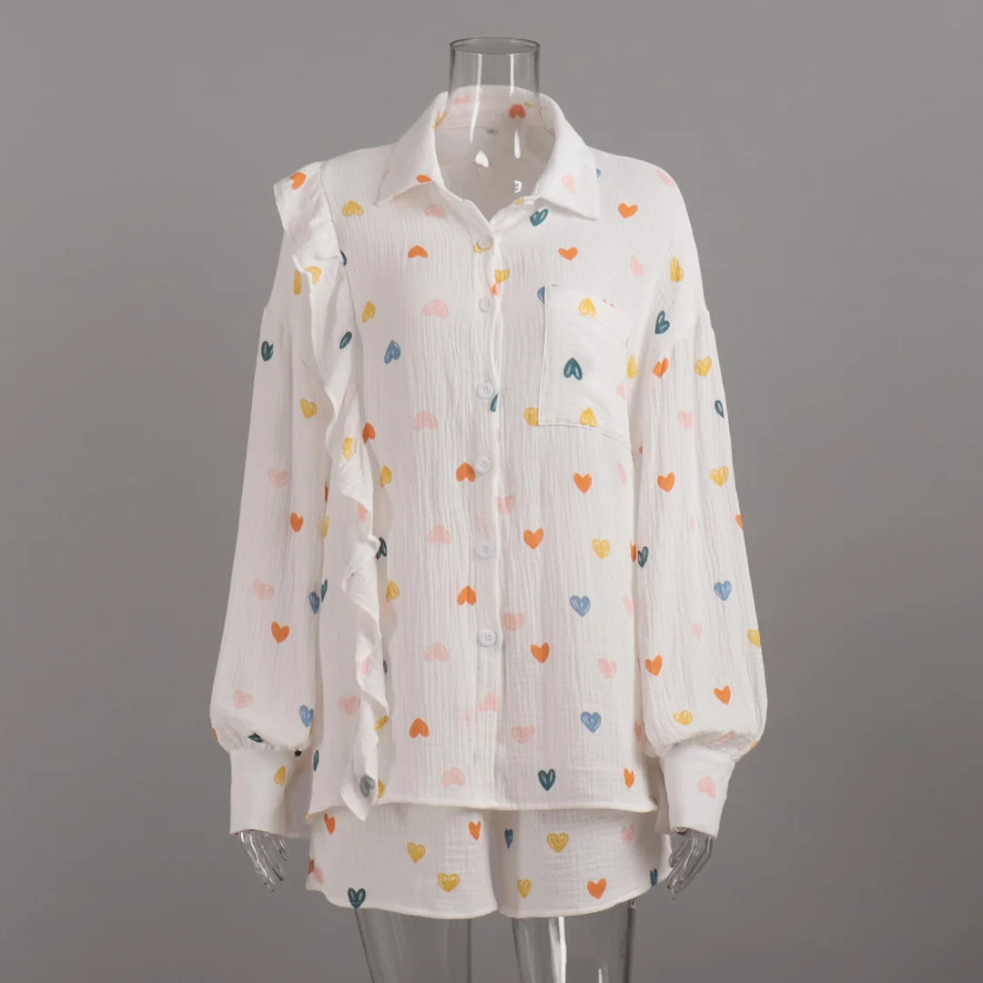 Churchf Churchf Set Heart-Shaped Print Stitching Wood Ear Long Sleeve Shirt Shorts Set Pure Cotton Set