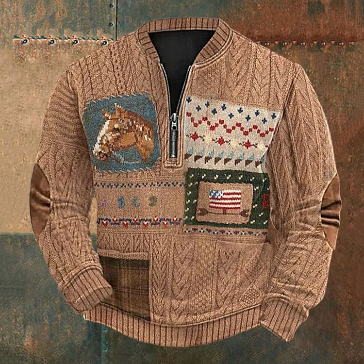 Utbros Vintage Knitted U S A Horse Pattern Inspired Zip Up Men's Sweatshirt
