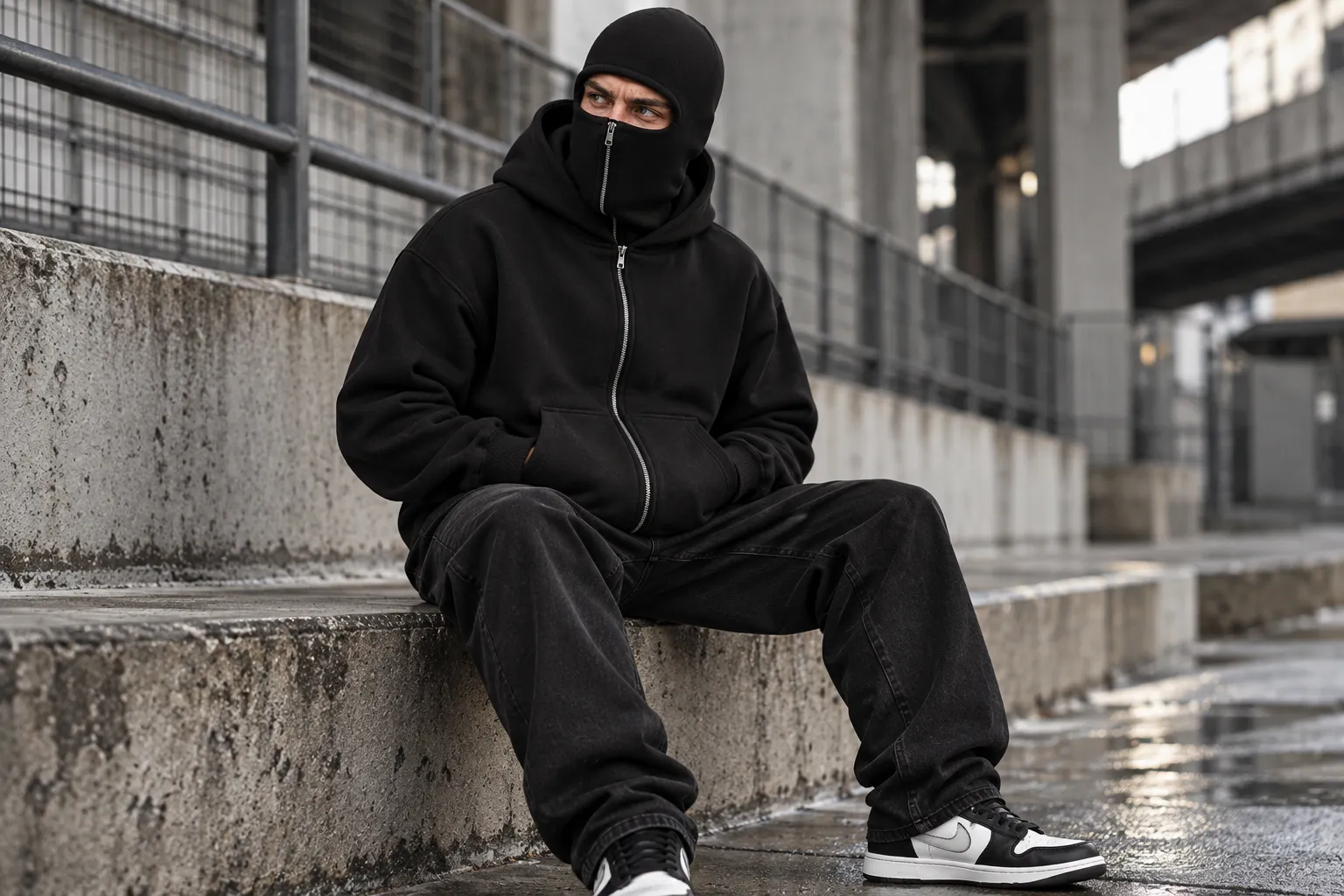 Model wearing the balaclava hoodie on concrete steps in an urban setting