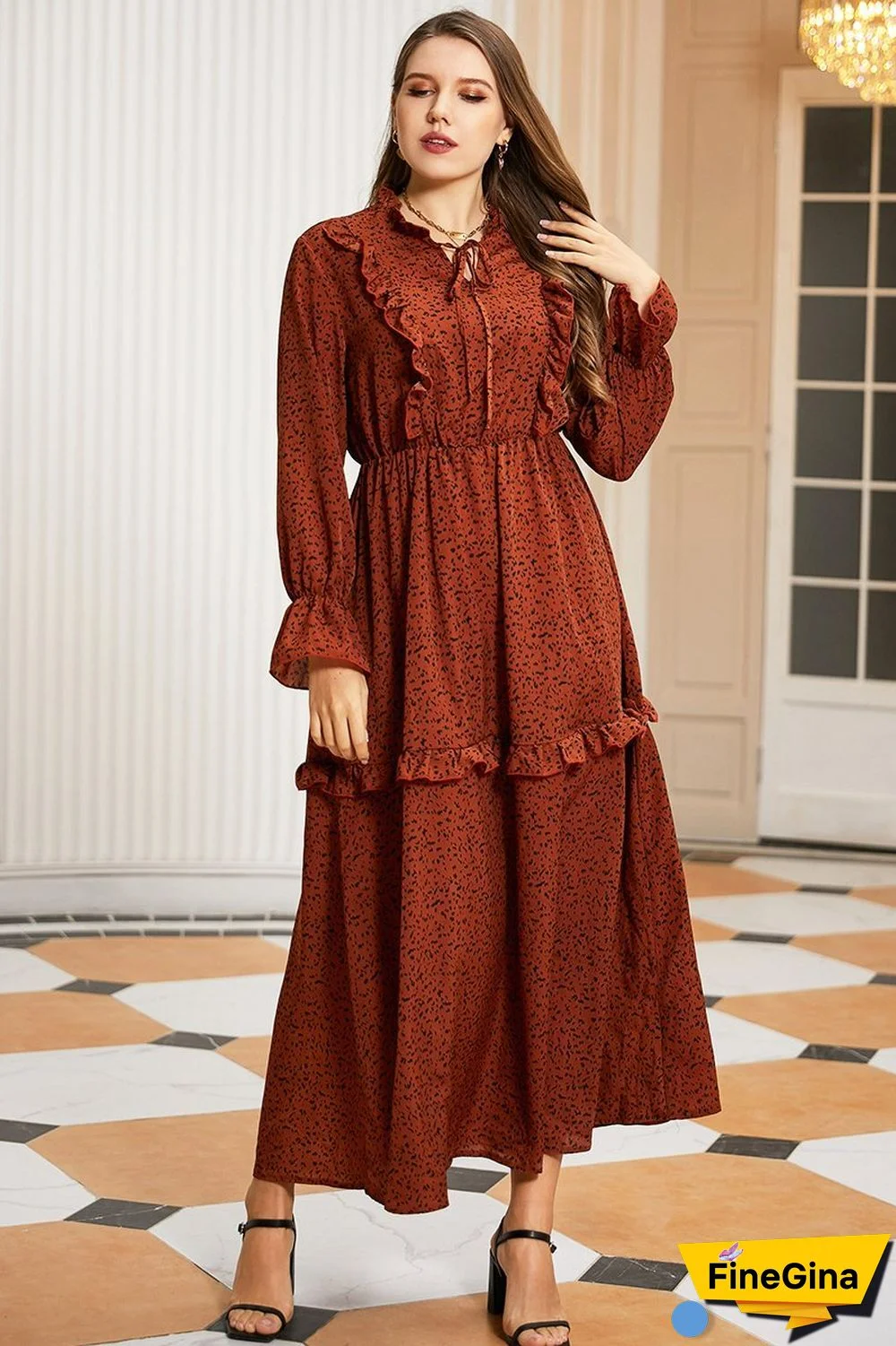 Burgundy Tie-neck Ruffle-detailing Tiered Maxi Dress P10376