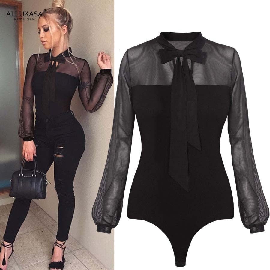 Mesh Bodysuits Long Sleeve Elegant O Neck Solid Lace Up Slim Skinny Ladies Sexy Club Party  Fashion Leotard Rompers womens tops