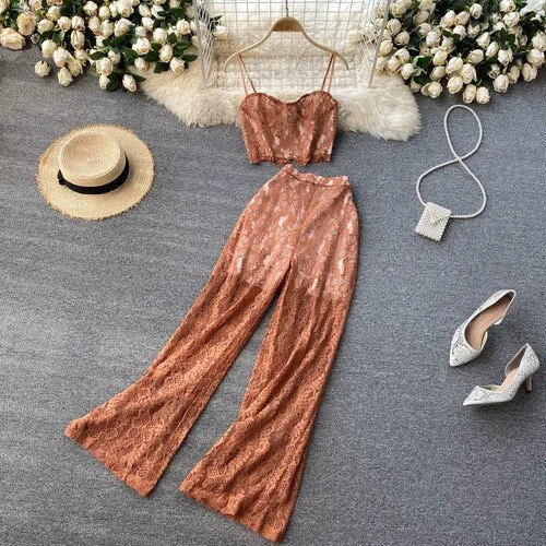 FTLZZ Summer Women Sexy Lace slimTwo Piece Set V-neck Sling Top High Waist A-line Wide Leg Pants Ladies Beach Solid Color Sets