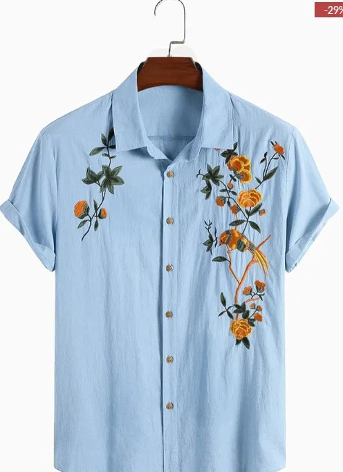 Mens Shirts Summer New Short Sleeve Men's Embroidered Loose Top Shirt Casual Fashion Lapel Men's Clothing