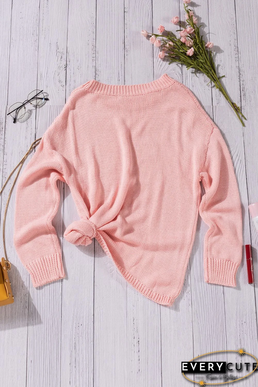 Pink Oversize Knitted Drop-shoulder Sleeve Sweater