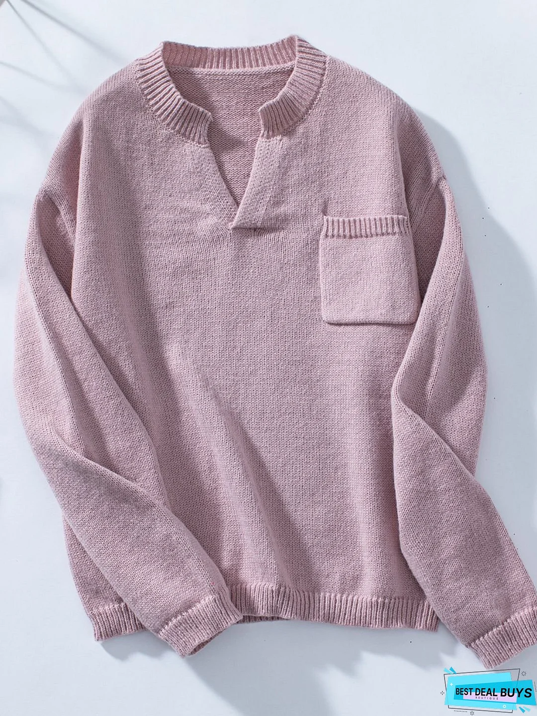 Pocketed Notched Long Sleeve Knit Top