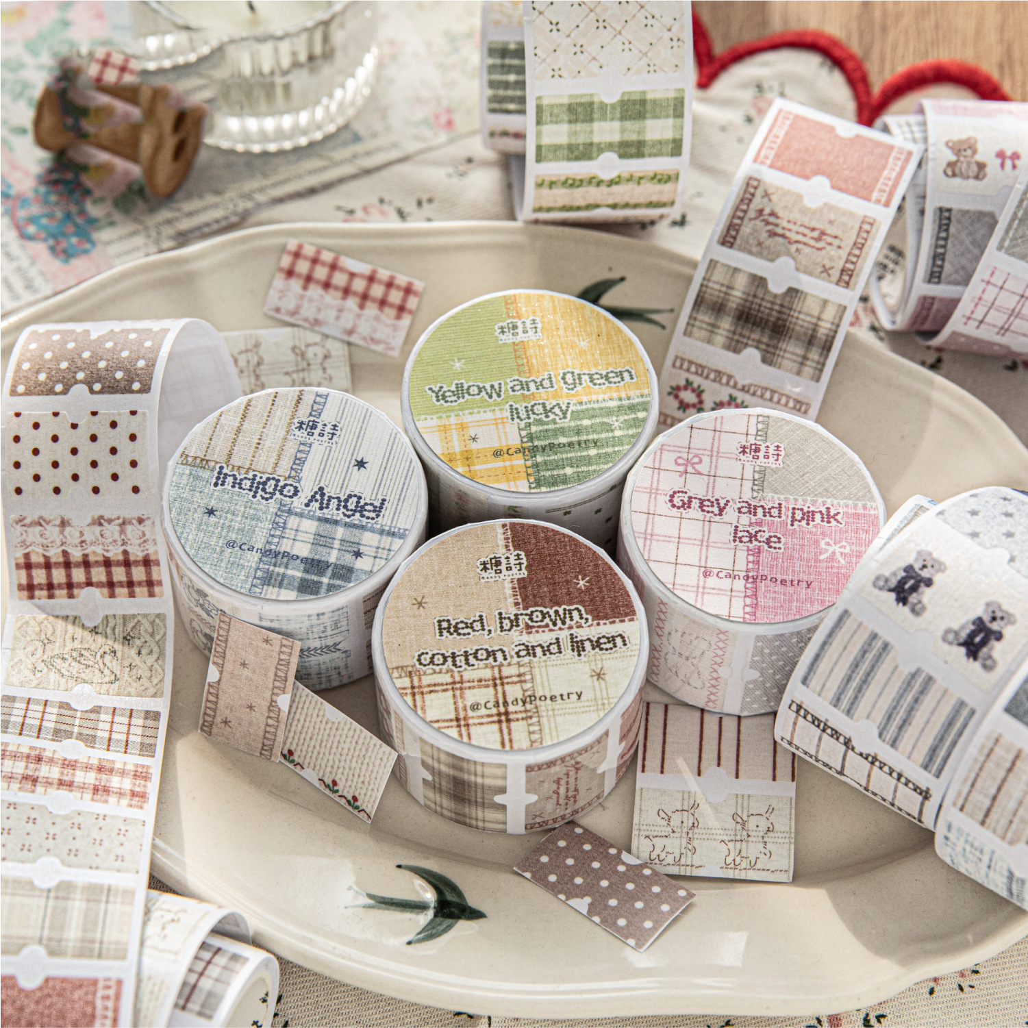 폐기물 테이프 - 핸드메이드 패브릭 라벨 시리즈 카와이 그리드 라벨