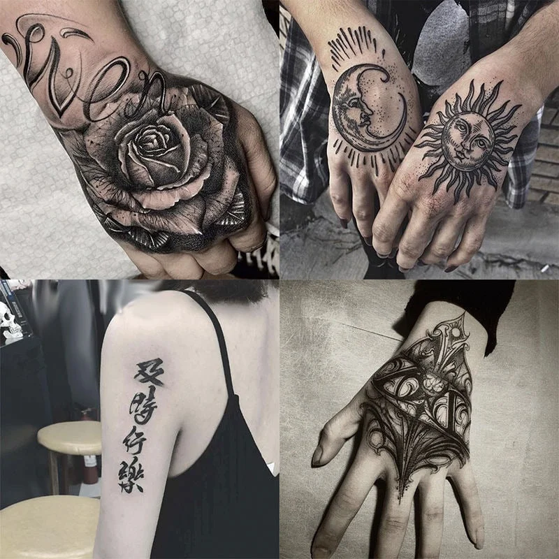 4PCS Sun Moon Rose Darkness Fake Tattoo Stickers For Men Women Water Tranfer Decals Temporary Tatoos Body Arm Tatto