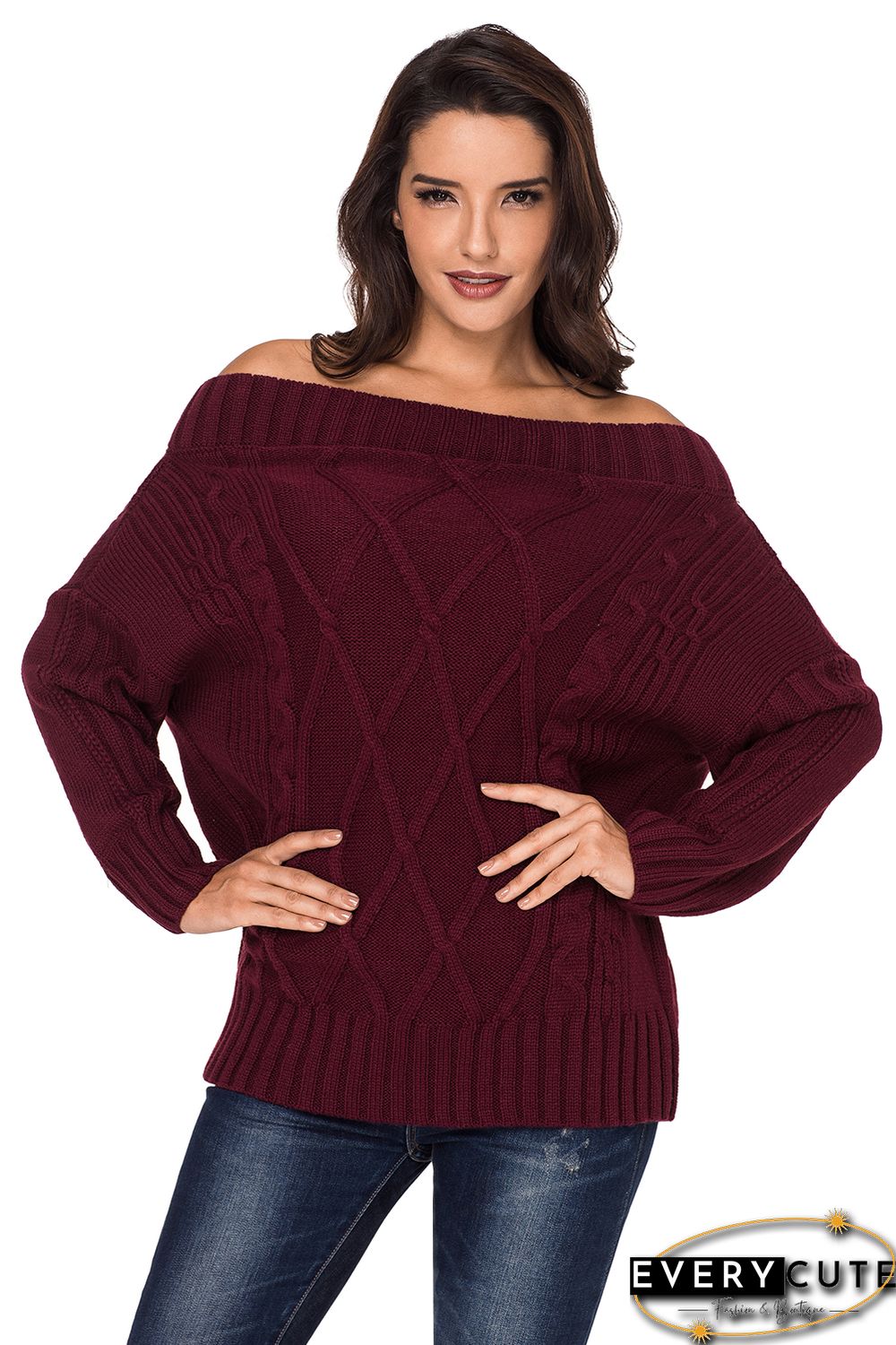 Wine Off The Shoulder Winter Sweater