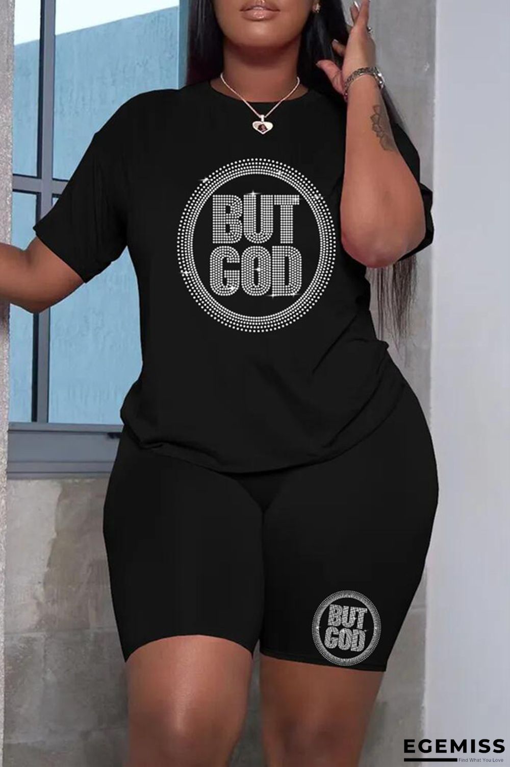 Black Fashion Casual Letter Hot Drilling Patchwork O Neck Short Sleeve Two Pieces | EGEMISS