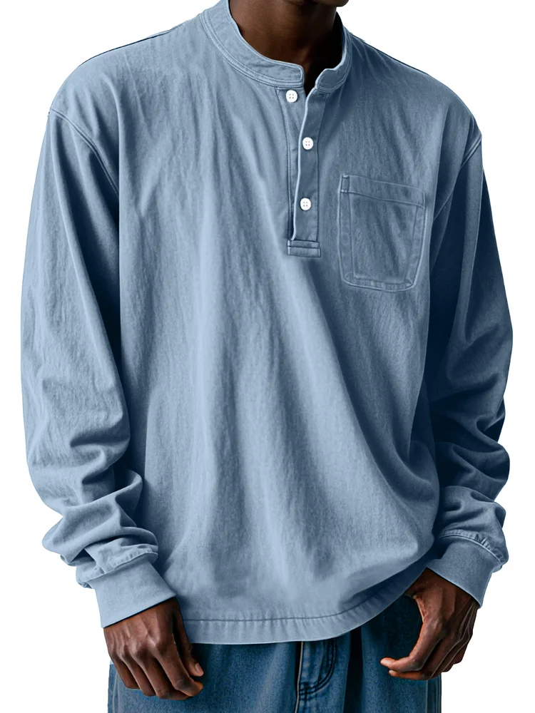 Men's Casual Loose Solid Color Long Sleeve Henley Shirt