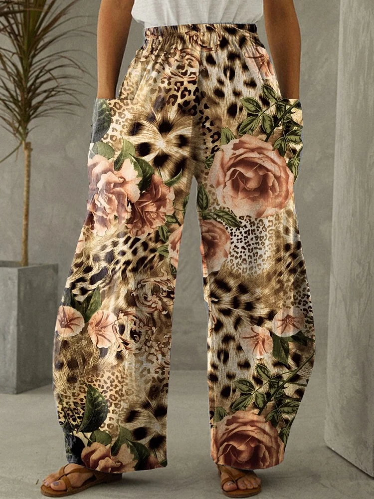 Women's Animal Leopard Print Floral Art Elastic Waist Wide Leg Pants Trousers Casual Pants socialshop