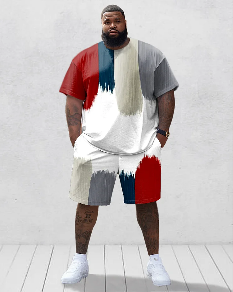 Men's Plus Size Brush Contrast Print T-Shirt Shorts Suit