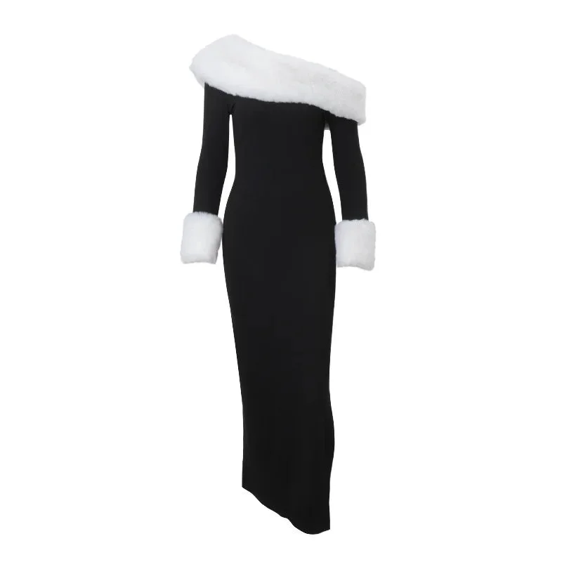Toloer Off-shoulder Black Fur Trim Long Sleeve Maxi Bodycon Dress-Outfit Ideas