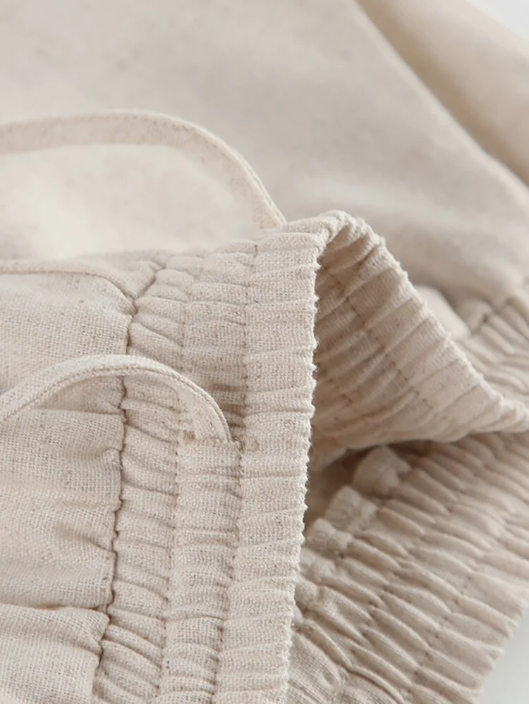 Brownm Summer Khaki Cotton Linen Pants Sets Women Two Pieces Fashion Lace-Up Crop Tops Vacation Wide Legs Long Pants Suits