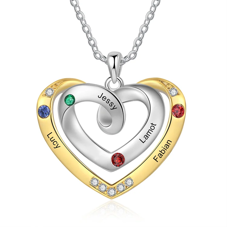 Kettenmachen Personalisierte 4 Namen & Geburtssteine Zweifarben konzentrische Herzen Halskette mit Zirkonia