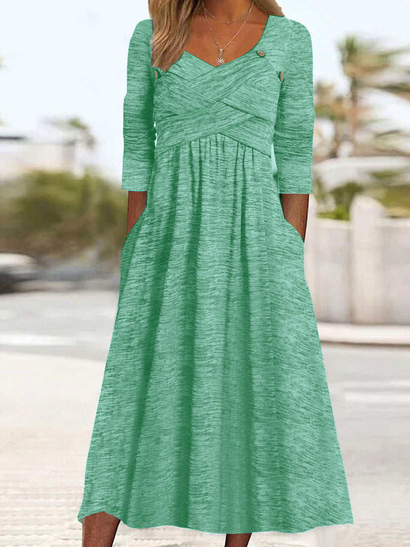 Women's Long Sleeve V-neck Cross Design Pockets Midi Dress