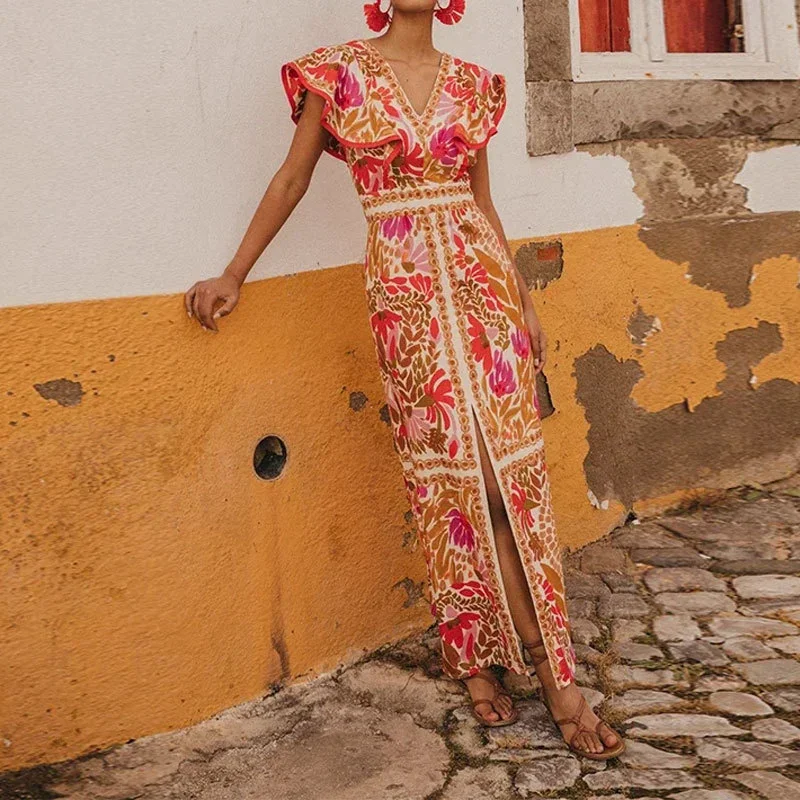 Uveng Uveng 2024 Women's Ins Fashion Elegant Long Temperament V-Neck Beach High-Waisted Dress