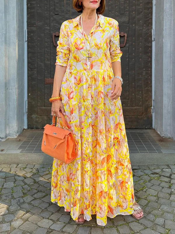 Floral Printed Ruffled Long Sleeves V-Neck Maxi Dresses