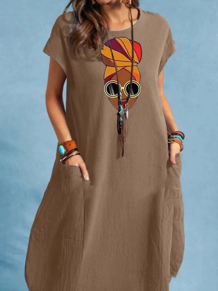 Portrait Print Pocket Short Sleeve Crew Neck Vintage Dress