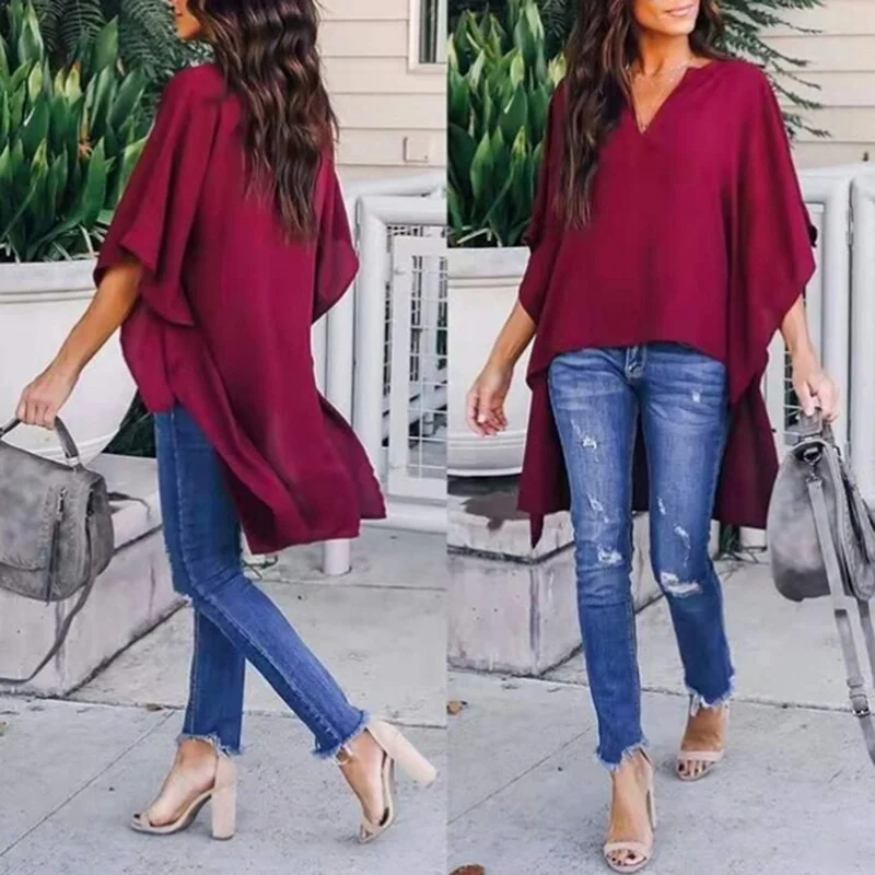 Hot 2021 Women Blouses Summer Elegant Irregular V-Neck Chiffon Soft Tunic Casual Solid Breathable Half Batwing Sleeve Top Shirts