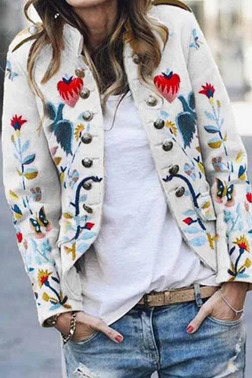 Floral Print Metal Button  Jacket