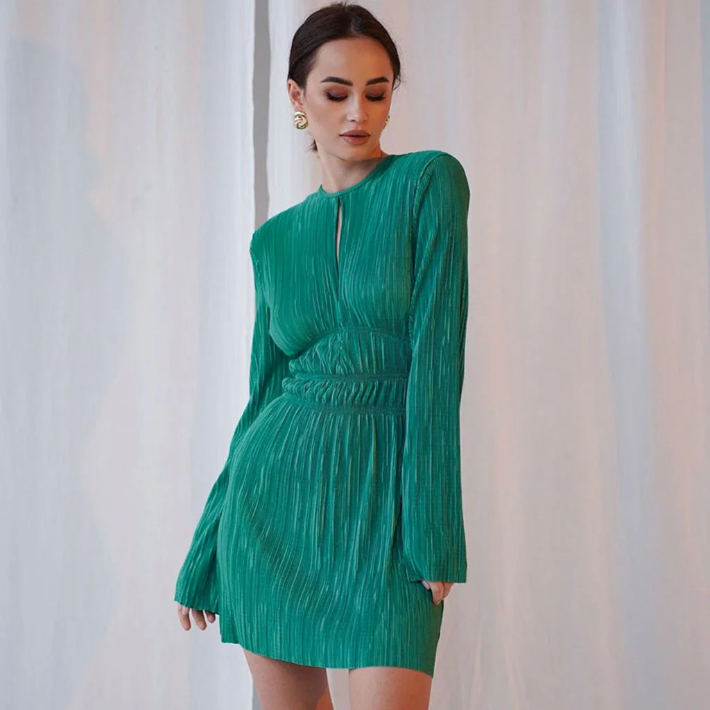 Hottynova Elegant Cut Out Round Neck Long Sleeve Pleated Mini Dress - Green