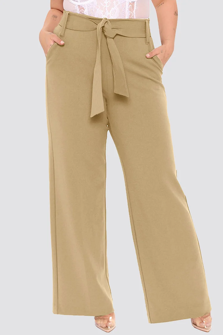Plus Size Casual Khaki Pockets Solid Color Belt Wide Leg Pants  Flycurvy [product_label]