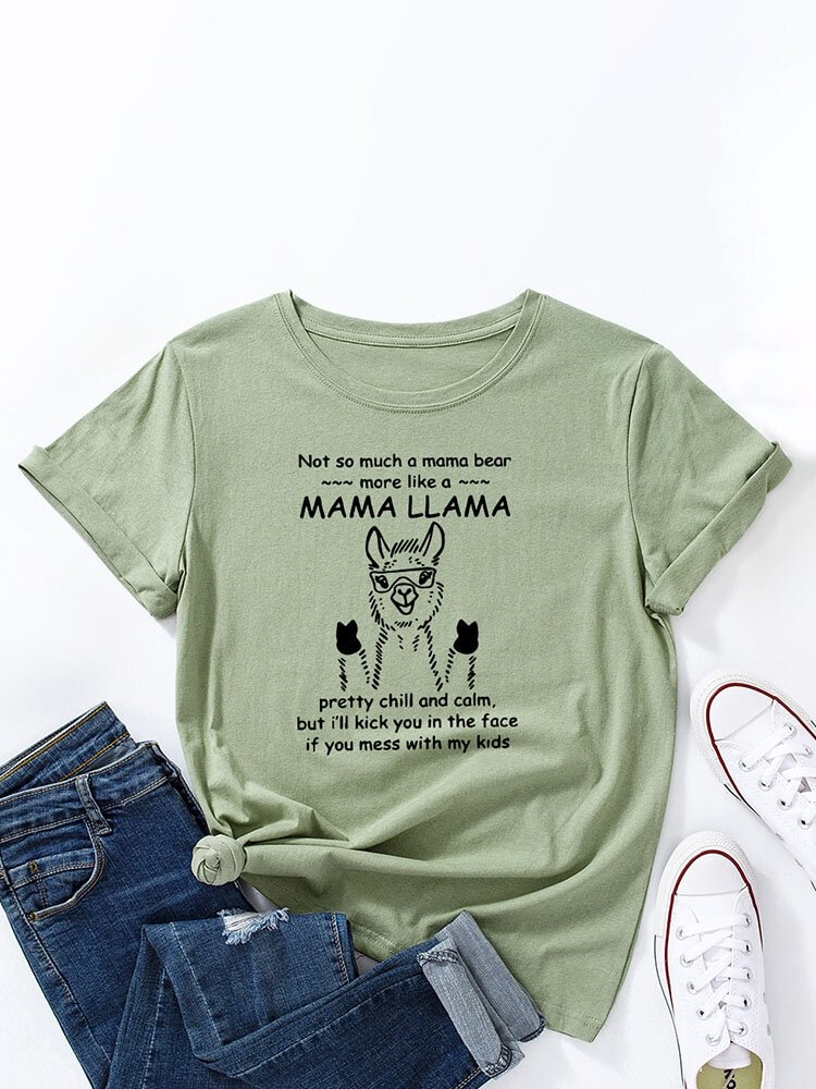 Cartoon Alpaca Letters Print Women Short Sleeve O neck T shirt P1856242