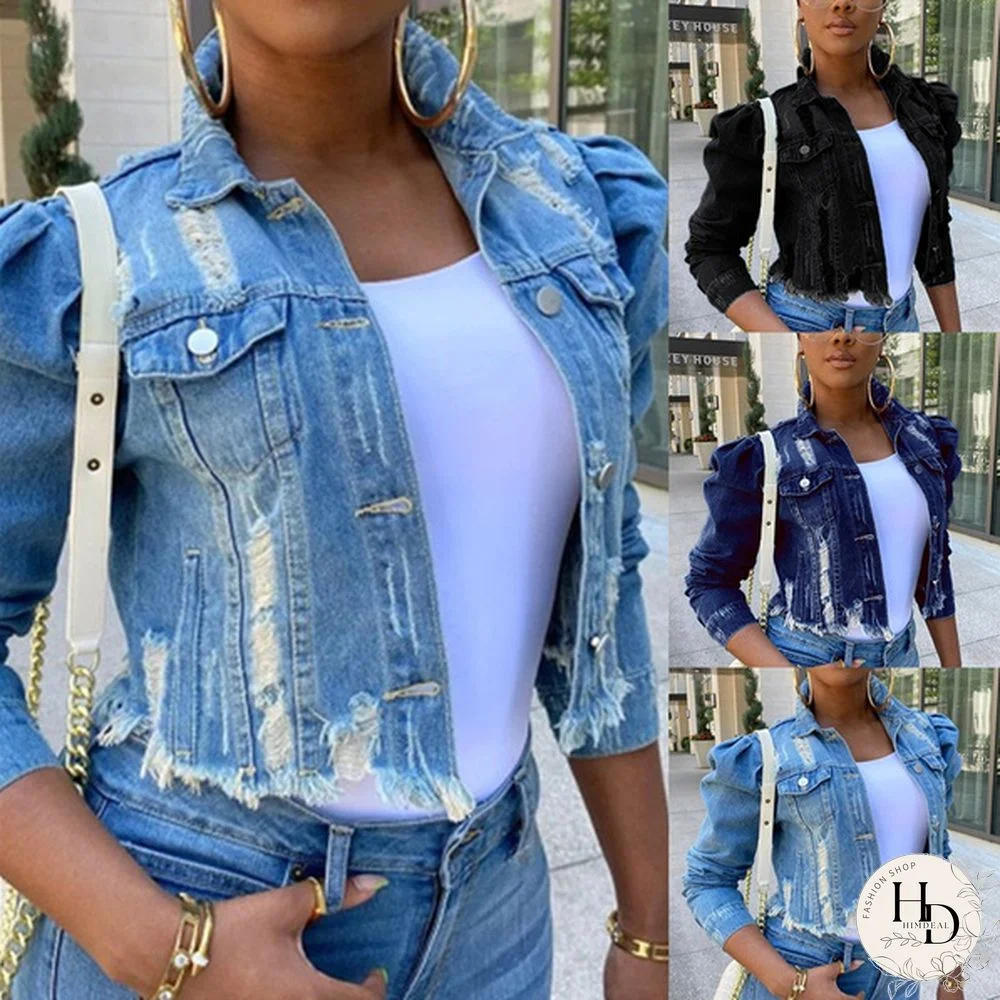 Women's Fashion Short Denim Jacket Puff Sleeve Denim Jacket