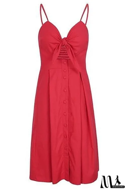 MidiSono - Backless Hollow Bow Tie Button Front Slip Dress