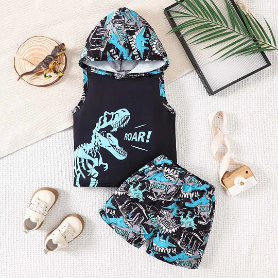 【18M-8Y】Boys' Sleeveless Cartoon Dinosaur Hooded Pullover + Shorts Set