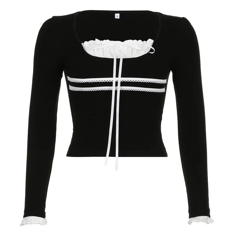 Ueong Long-Sleeved Blouses With 2024 Lace Lace Stitched Square Collar T-Shirts In Early Autumn