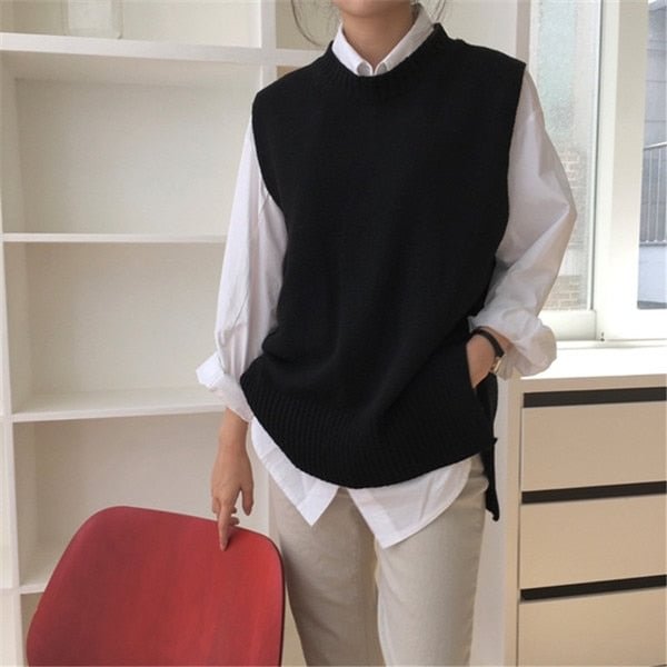 Women's Jersey Solid Color O-Neck Sleeveless Oversized Sweater Vest Female All-match Knitwear Fashion Tide Gilet 2021 - BlackFridayBuys