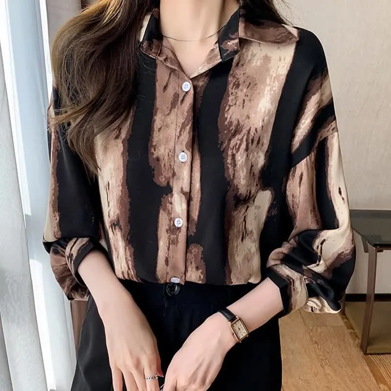 Vintage Ink Painting Long Sleeve Lapel Shirt Workwear