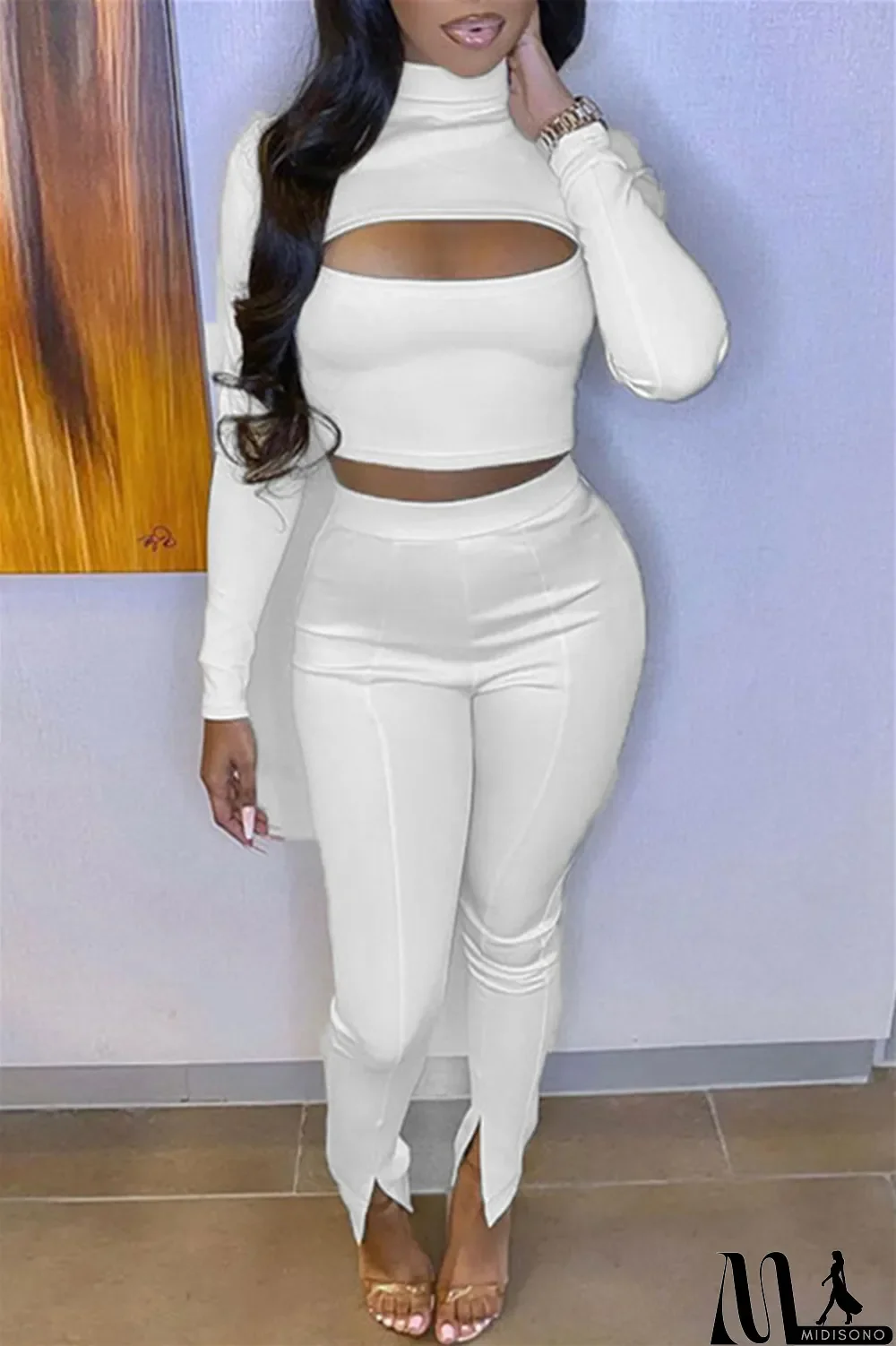 MidiSono - White Sexy Casual Solid Bandage Turtleneck Long Sleeve Two Pieces