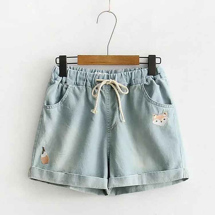 Denim Shorts Embroidered Fox Wide Leg Loose Lace