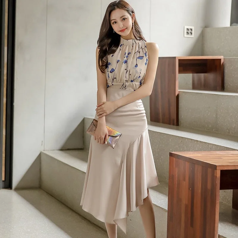 UForever21 2022 Spring Summer Korean Style Office Lady 2 Pieces Set Women Floral Print Shirts Blouses And High Waist Split Ruffles Skirts