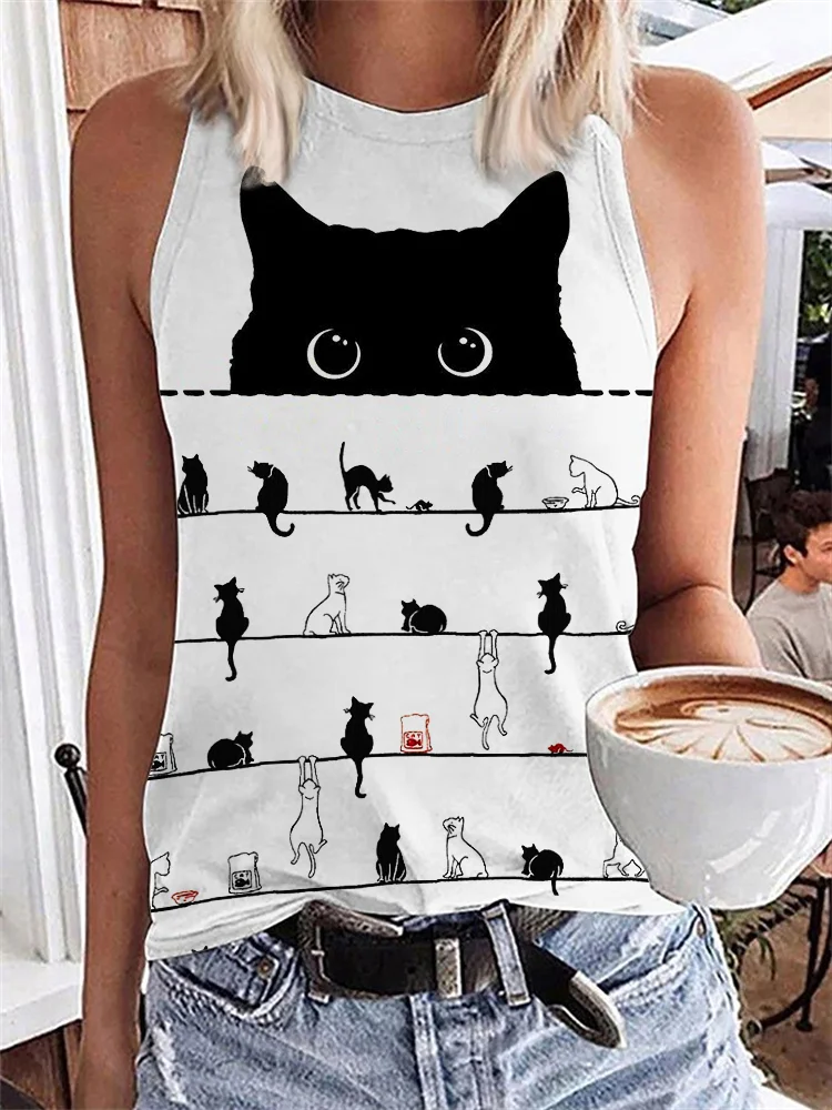 Black Cats Peeking Cats Striped Tank Top