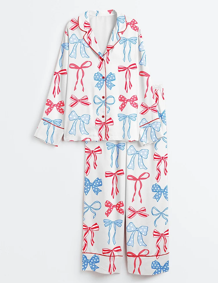Women&rsquo;s Patriotic American Bows 4th Of July Coquette Bows Print Long Sleeve Satin Pajama Set