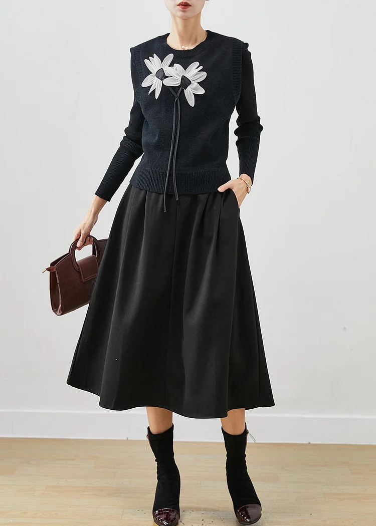 Women Black Floral Silm Fit Three Piece Suit Set Winter