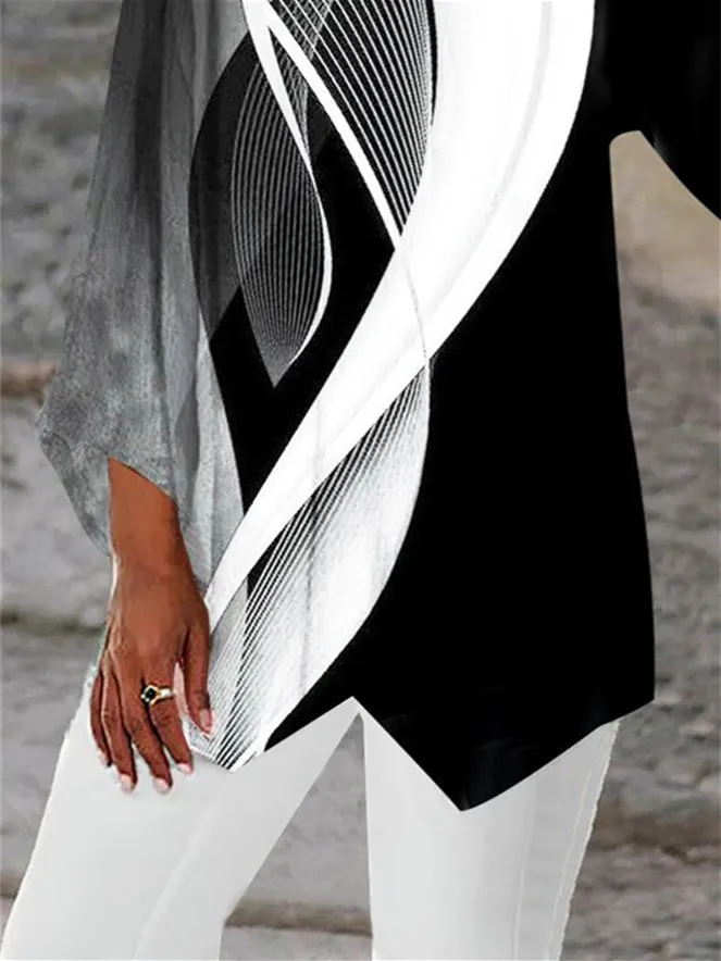 Women Asymmetrical 3/4 Sleeve Scoop Neck Striped Colorblock Stitching Tops