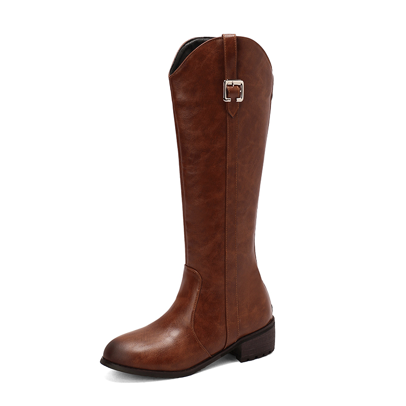 GOOSHOE Round Head Thick Heel Metal Belt Buckle Knight Boots Zipper Short Plush Inner Lining Knee High Boots