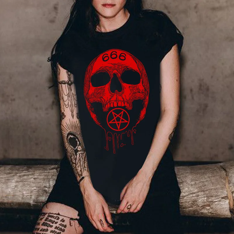 666 Skull Pentagram Printed Women's T-shirt -  