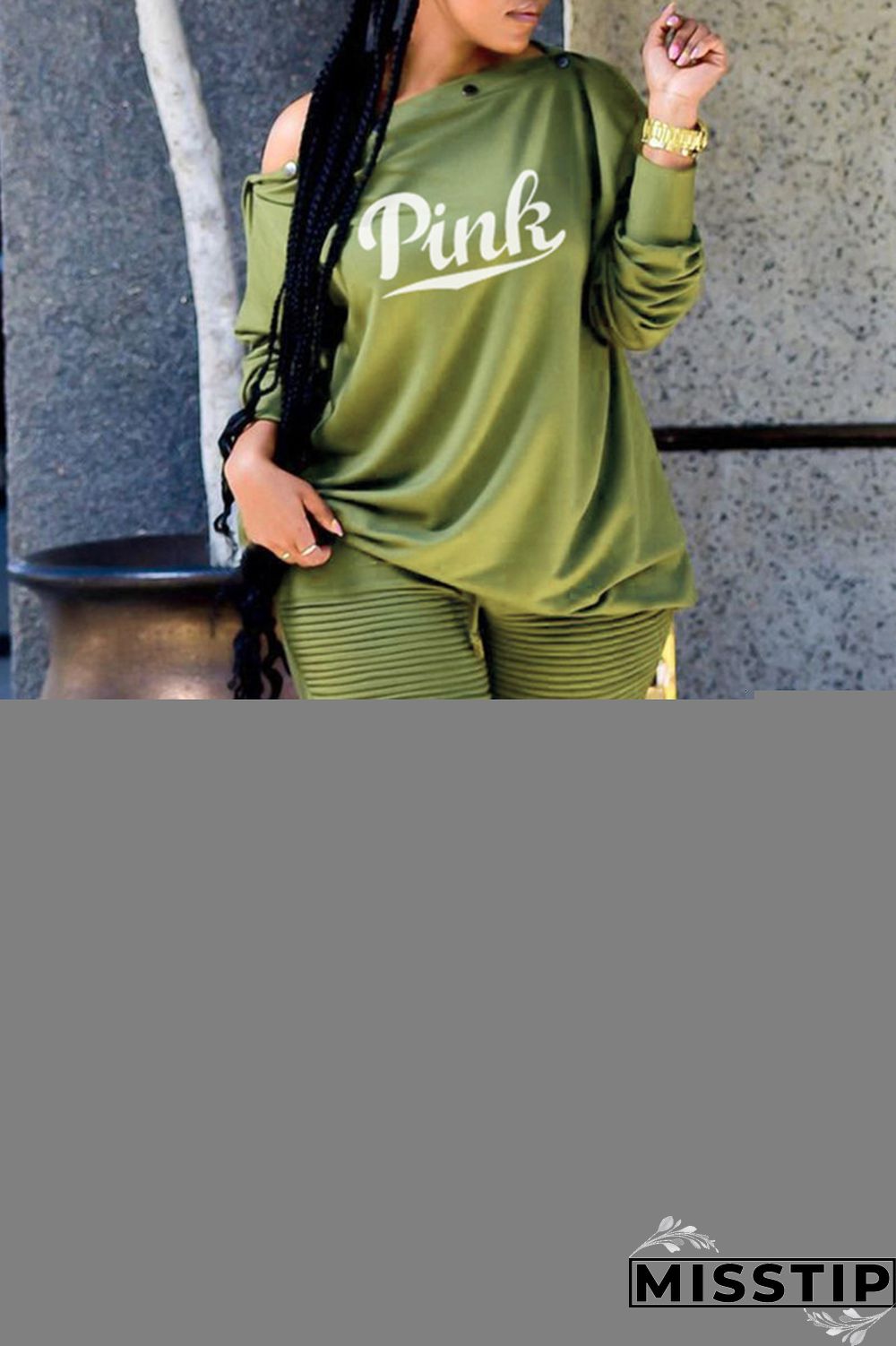 Green Fashion Casual Letter Print Basic Oblique Collar Long Sleeve Two Pieces