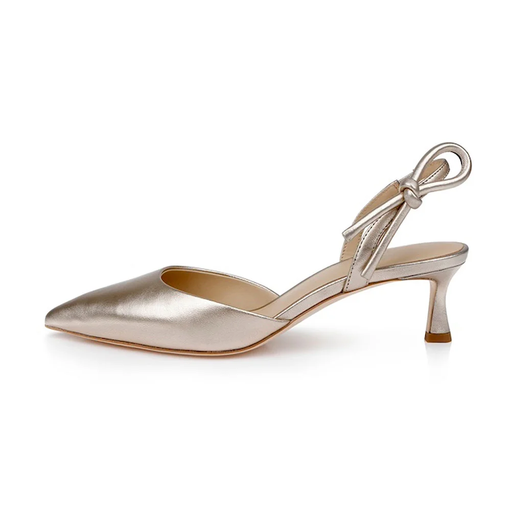Metallic Vegan Leather Crystal Bow Slingback Kitten Heel Gold Pumps
