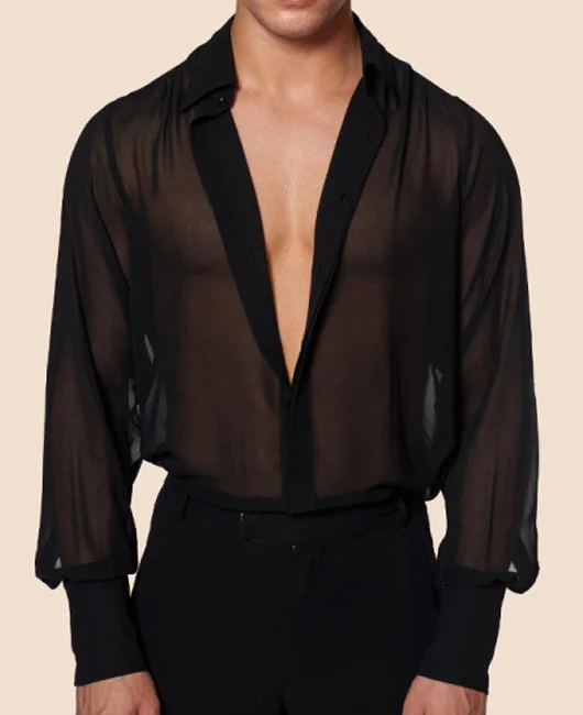 Casual Plain Lapel Collar Long Sleeve Button Sheer Shirt