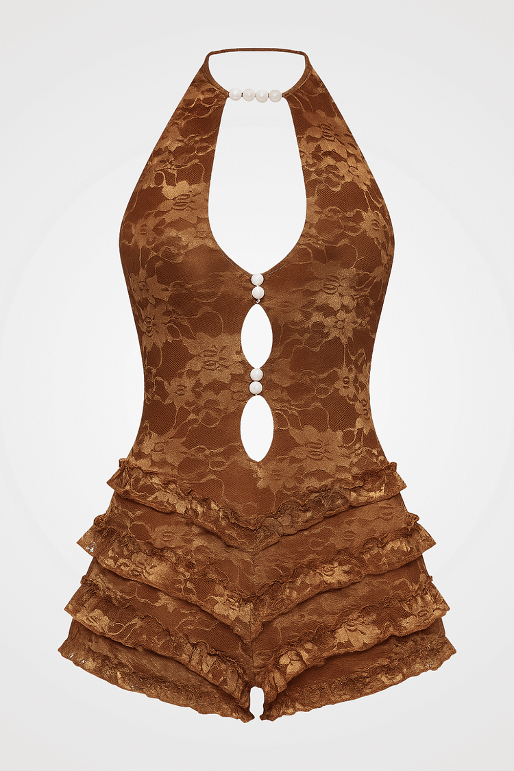 Floral Pattern Print Halter Cutout Frilled Trim Playsuit Romper-Brown